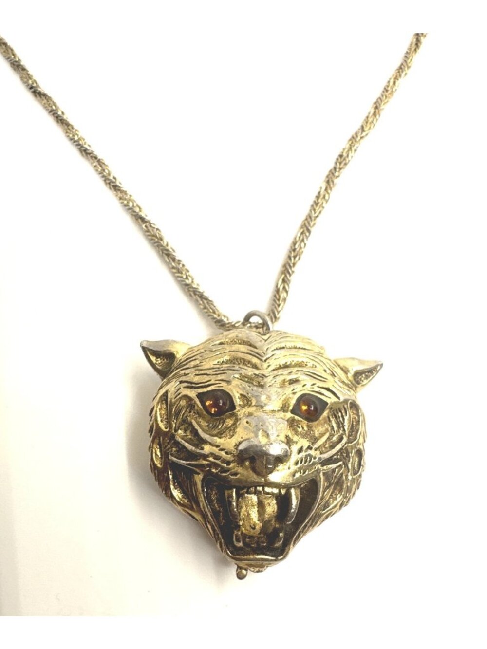 Vintage 1960's Faberge Original Tigress Tiger Head Perfume Locket Necklace 24"
